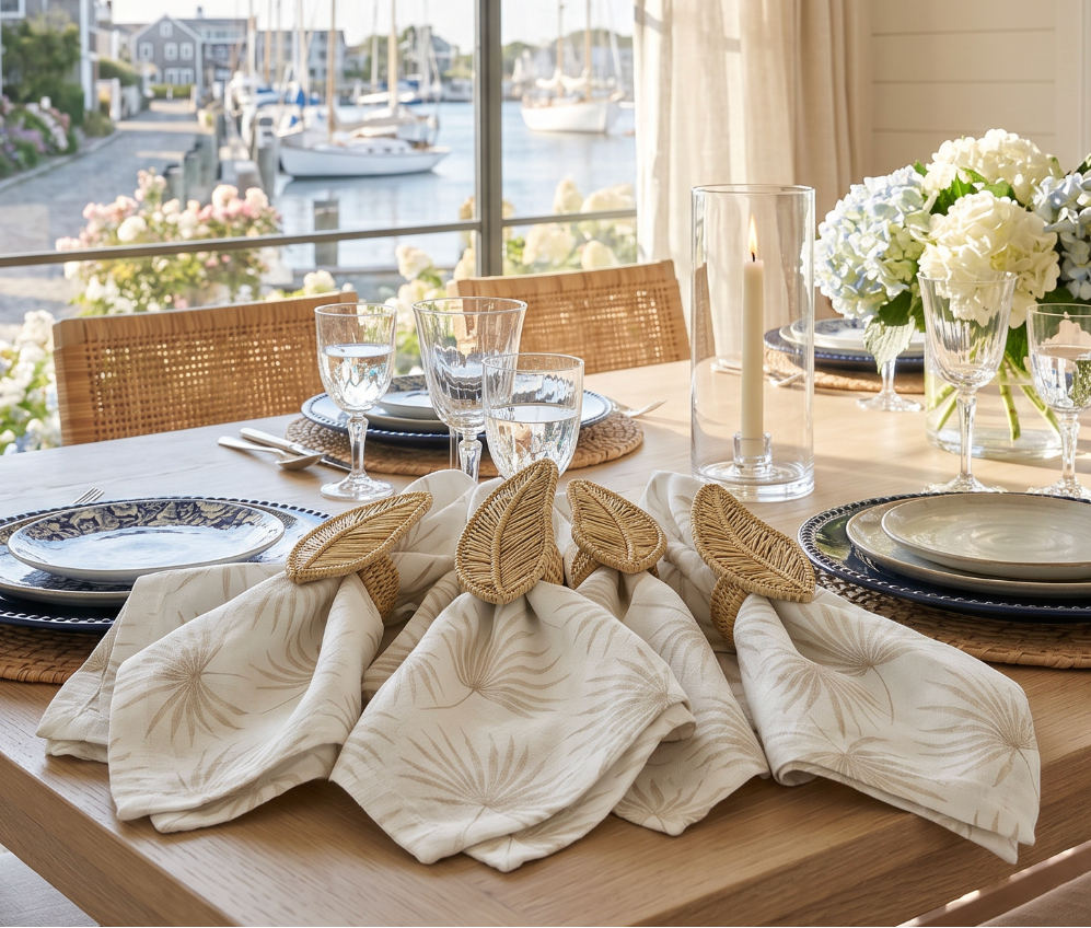 Tropical beige palm leaf linen dinner napkins used for relaxed summer coastal table decor.
