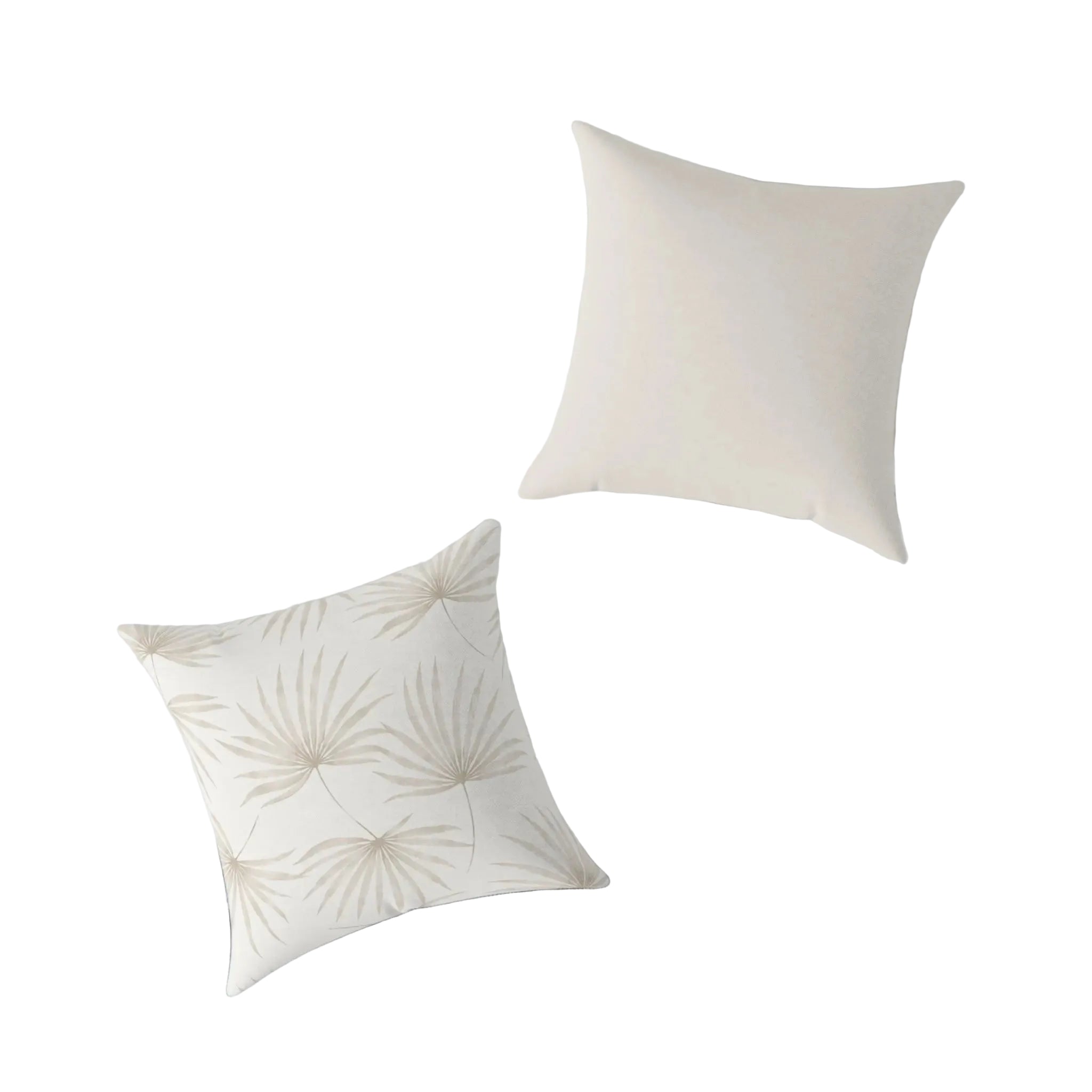 Beige palm leaf pillow for a bed with soft neutral linens and coastal decor