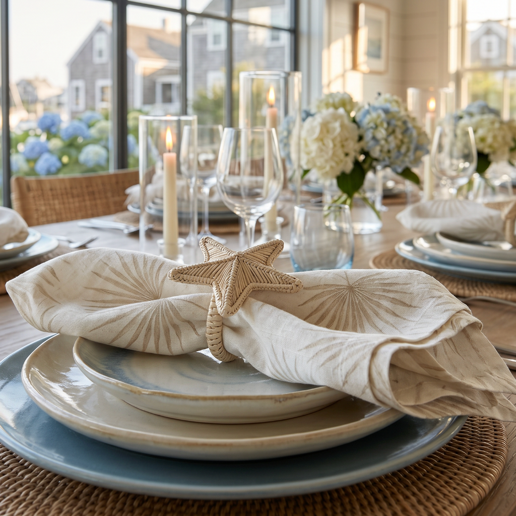 Tropical beige palm leaf linen dinner napkins used for relaxed summer coastal table decor