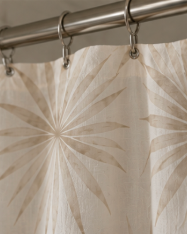Beige palm leaf shower curtain for neutral bathroom decor