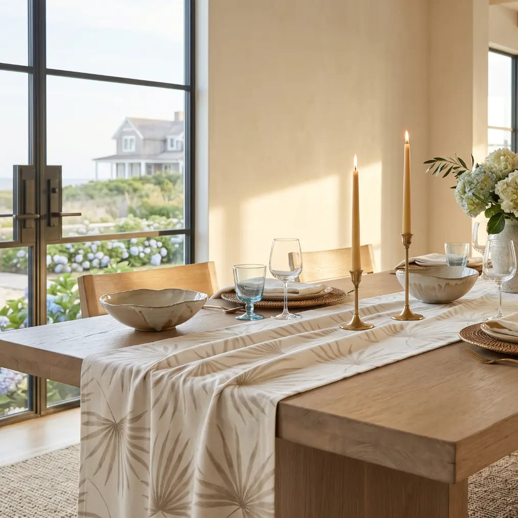 Beige palm leaf table runner styled on a dining table with simple place settings