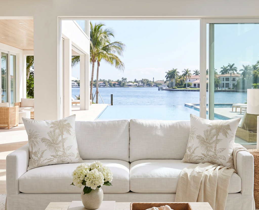 Beige palm print pillow for tropical, coastal, or beach house living room decor.