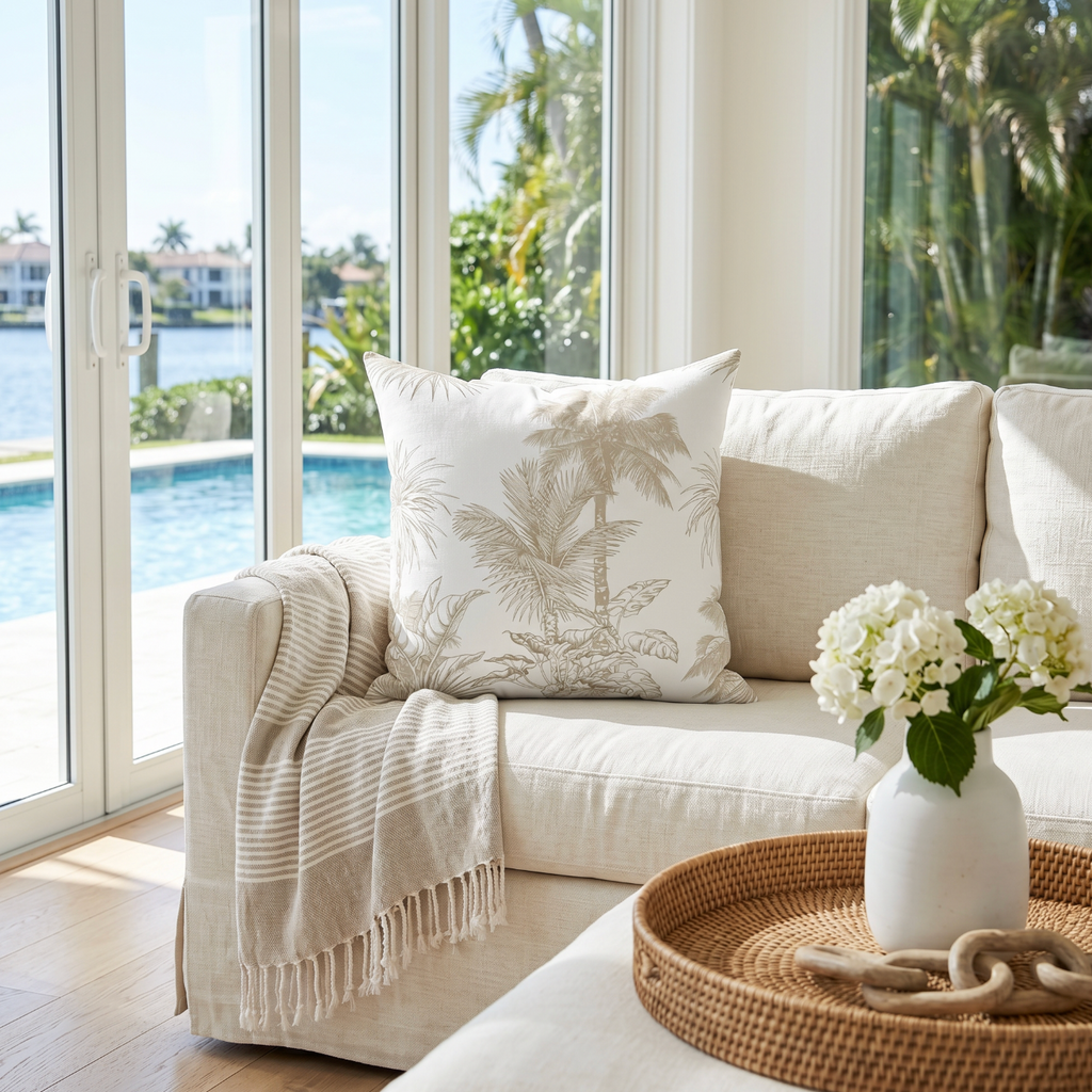 Neutral beige palm pattern decorative pillow styled on a cream couch in a beach house living room