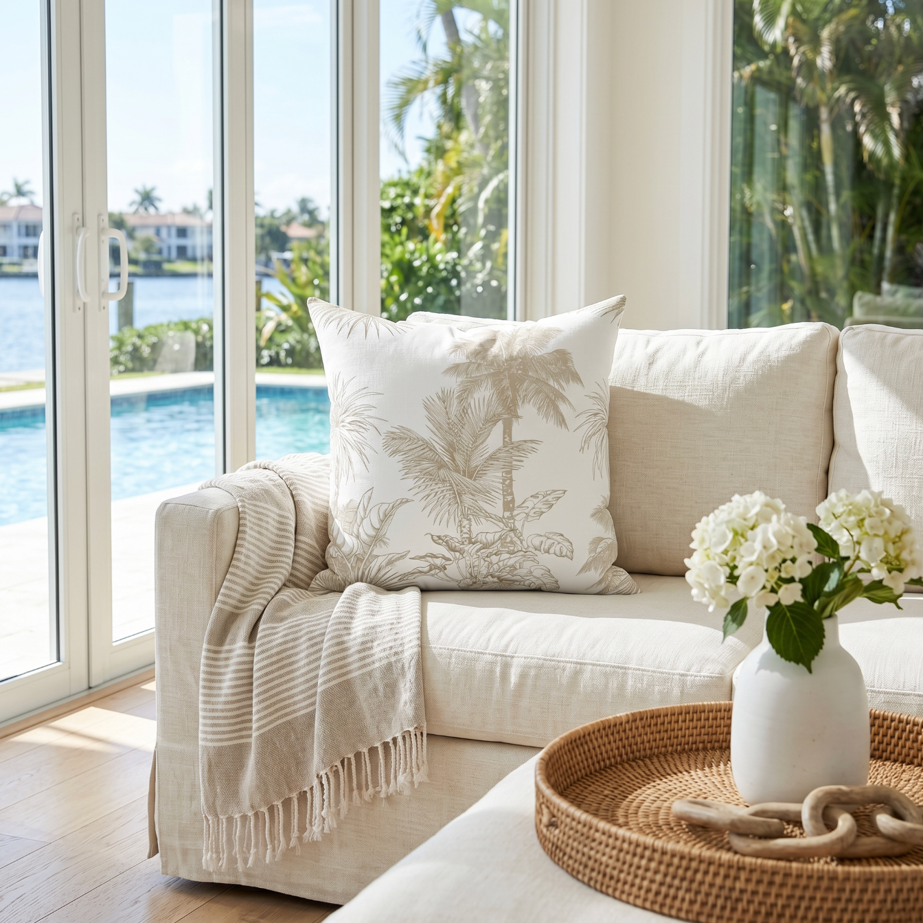Neutral beige palm pattern decorative pillow styled on a cream couch in a beach house living room