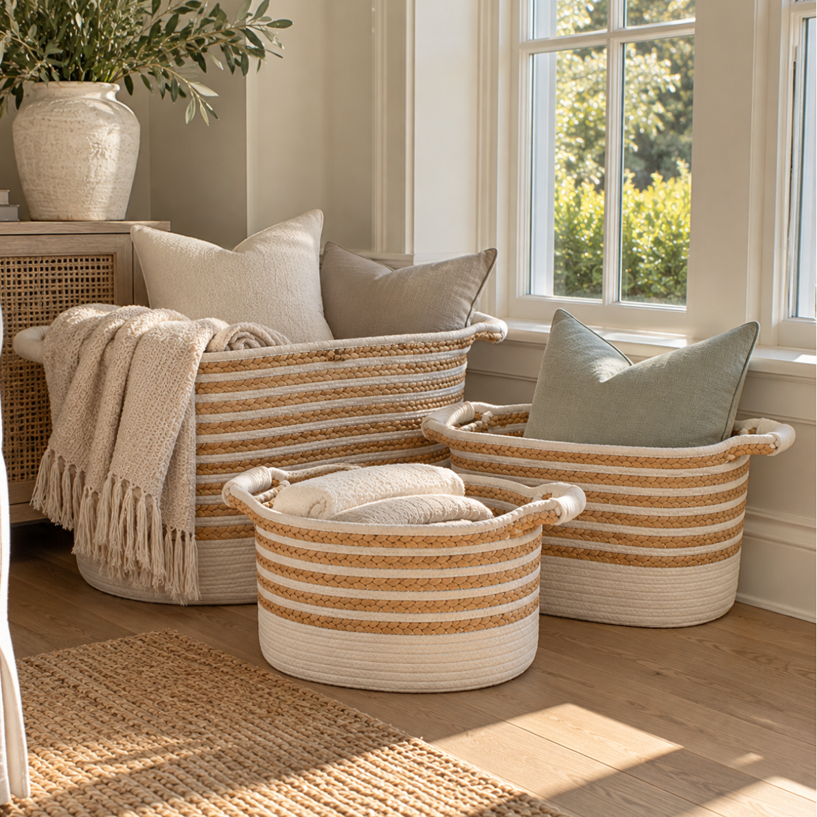 Coastal-style woven rope storage baskets arranged beside a neutral sofa with solid-colored pillows and cozy throws.