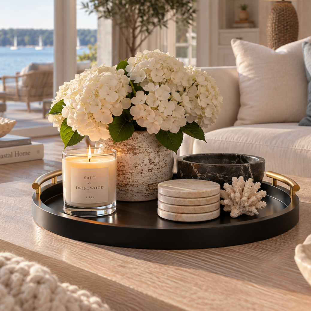 Round black decorative tray with gold handles