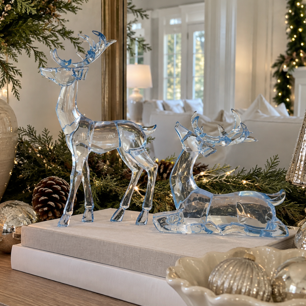 Decorative translucent blue acrylic Christmas deer with graceful antlers and an icy-blue finish.