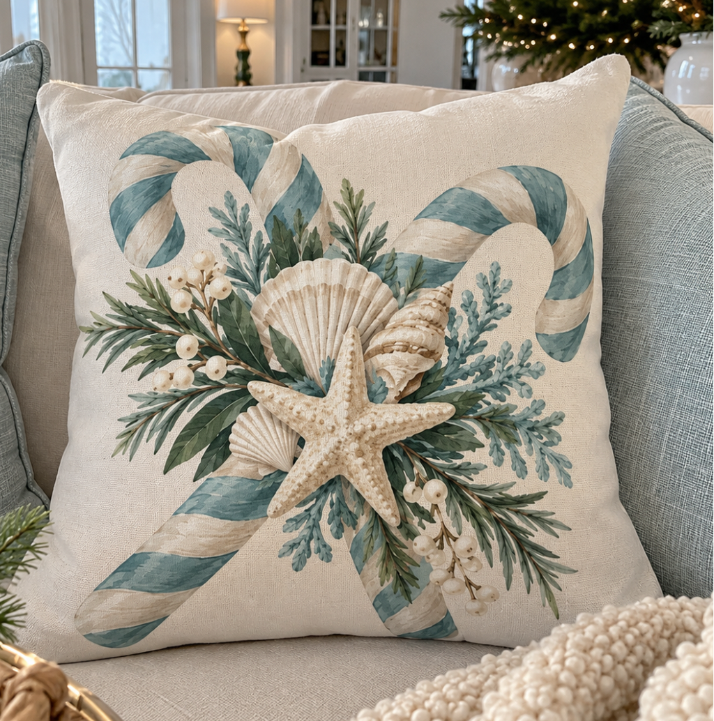 Beachy holiday accent pillow featuring crossed seafoam blue candy canes, starfish, and pearl berries for coastal Christmas decor