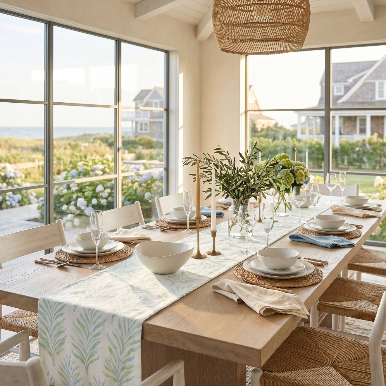 Blue and green coastal botanical table runner layered with rattan placemats and glassware.
