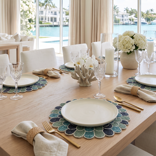 Aqua, navy, and sage beaded placemat designed for special occasions or upscale entertaining.