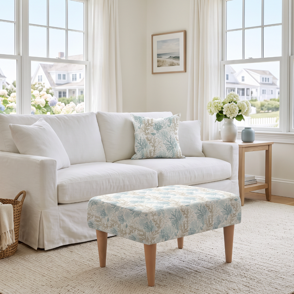 Rectangular coastal bench with a sea fan and coral reef pattern, ideal for a living-room footrest or extra seating.