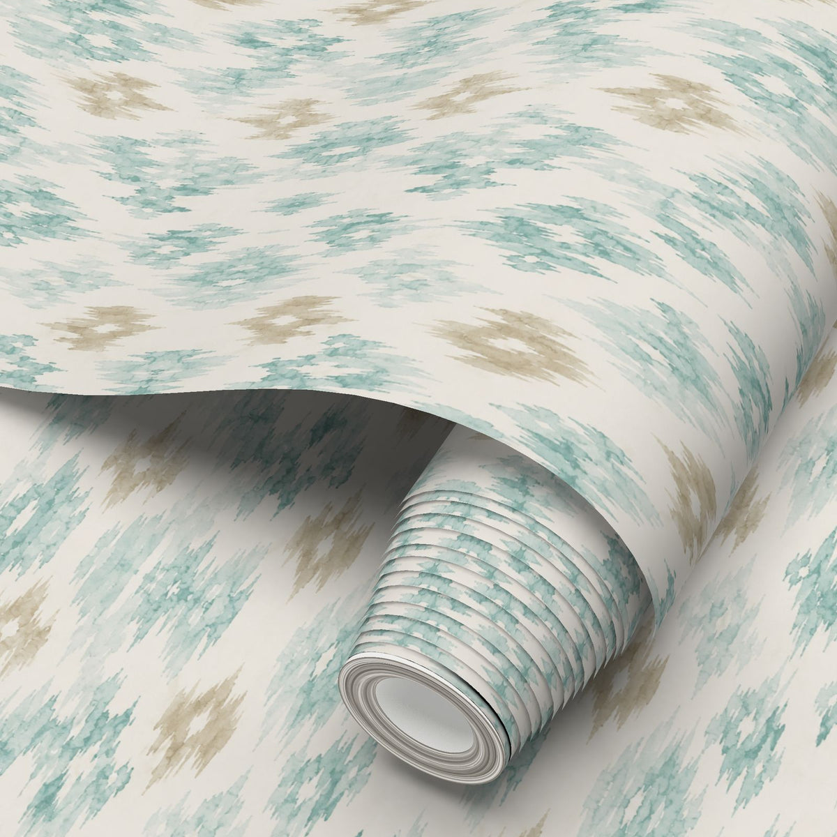 Blue and sand watercolor wallpaper featuring an abstract repeating pattern in muted coastal colors.