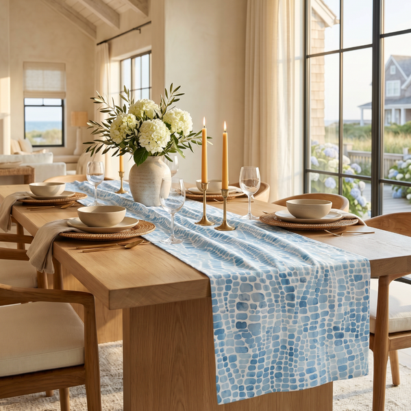 Blue and teal seaglass design table runner running down the center of a coastal dining table