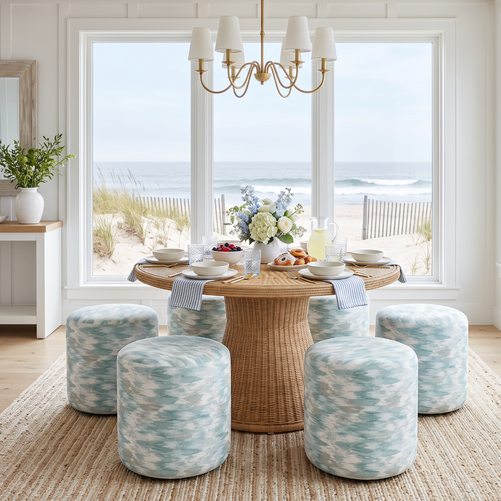 Pale blue cylinder ottoman styled in a bright coastal living room beside a light wood coffee table.