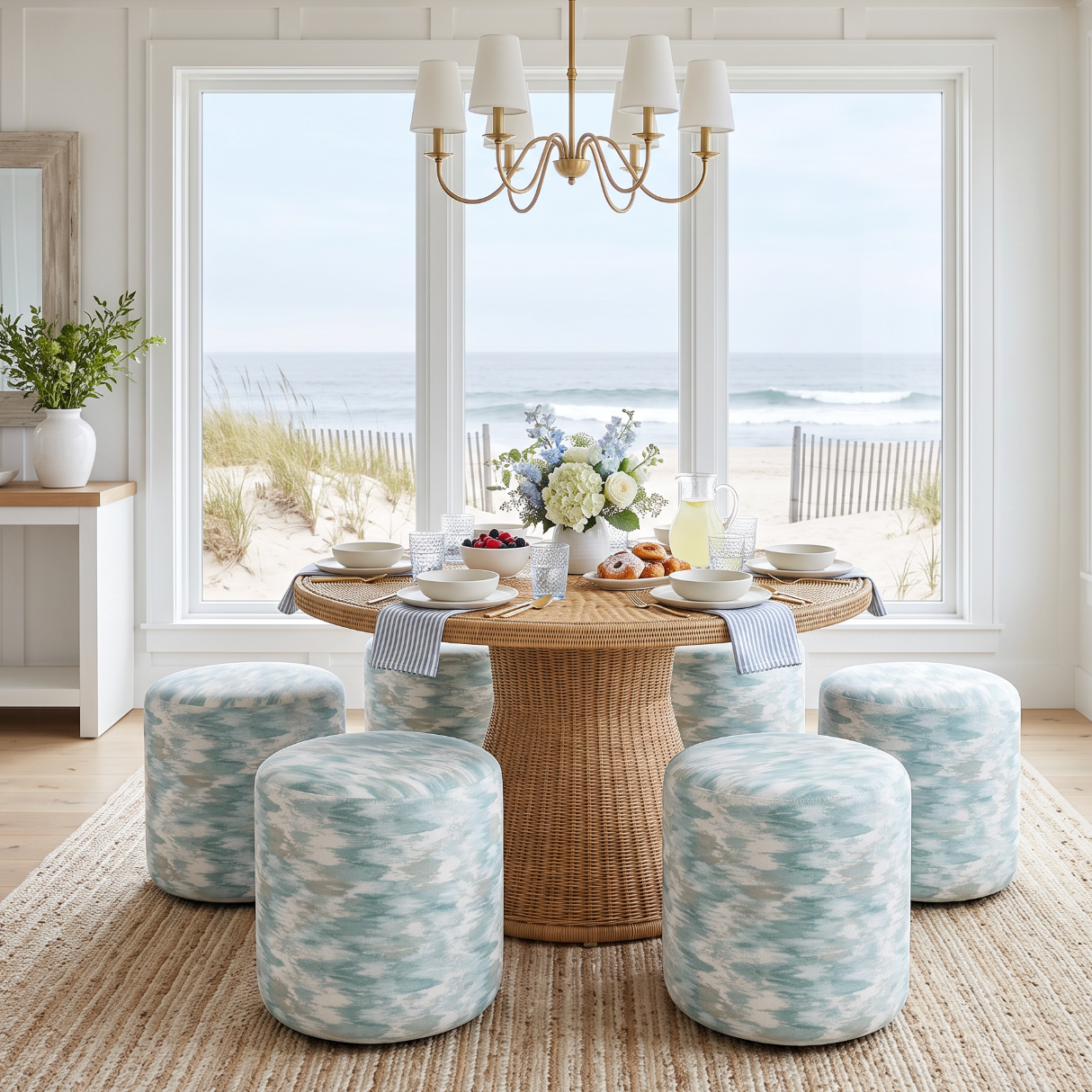 Pale blue cylinder ottoman styled in a bright coastal living room beside a light wood coffee table.