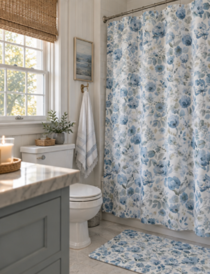Blue and white botanical shower curtain for coastal decor