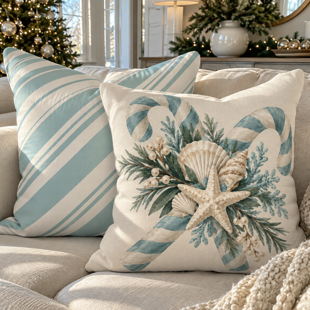 Blue and white candy cane striped accent pillow with bold diagonal stripes for holiday decor