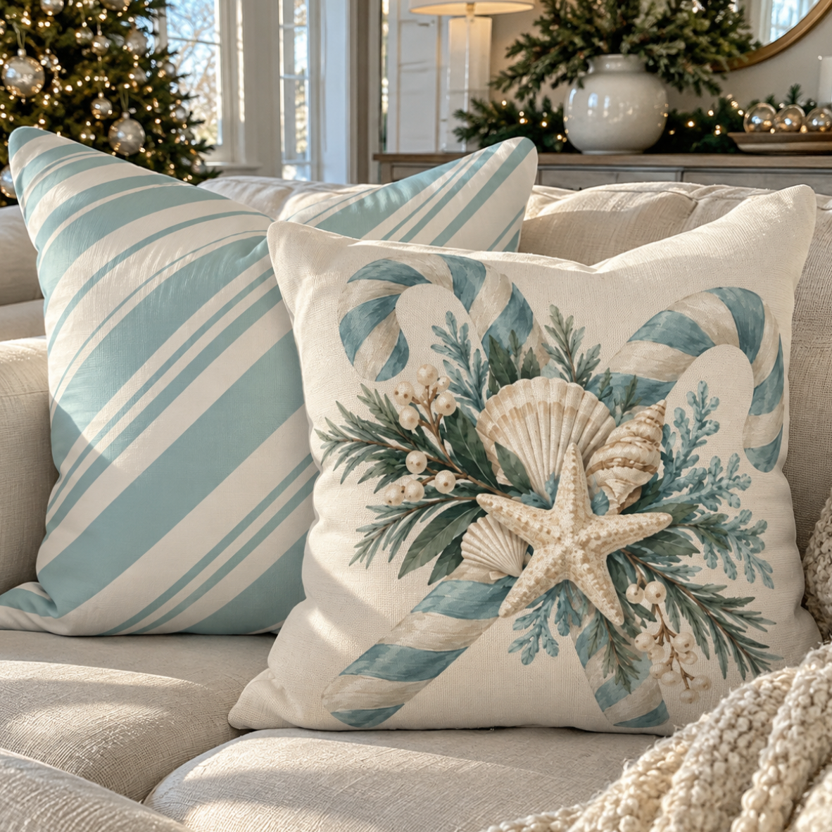 Blue and white candy cane striped accent pillow with bold diagonal stripes for holiday decor