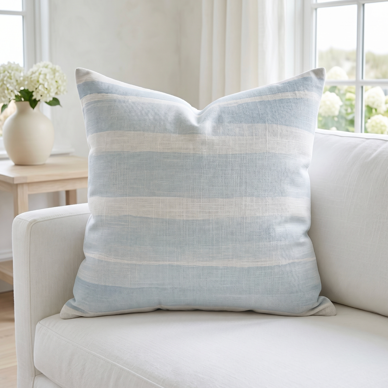 Coastal blue and white throw pillow styled on a light sofa in a beach inspired living room