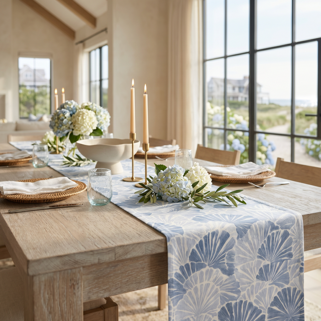 Coastal blue shell print table runner styled with hydrangea centerpieces and candles on a beach house dining table.