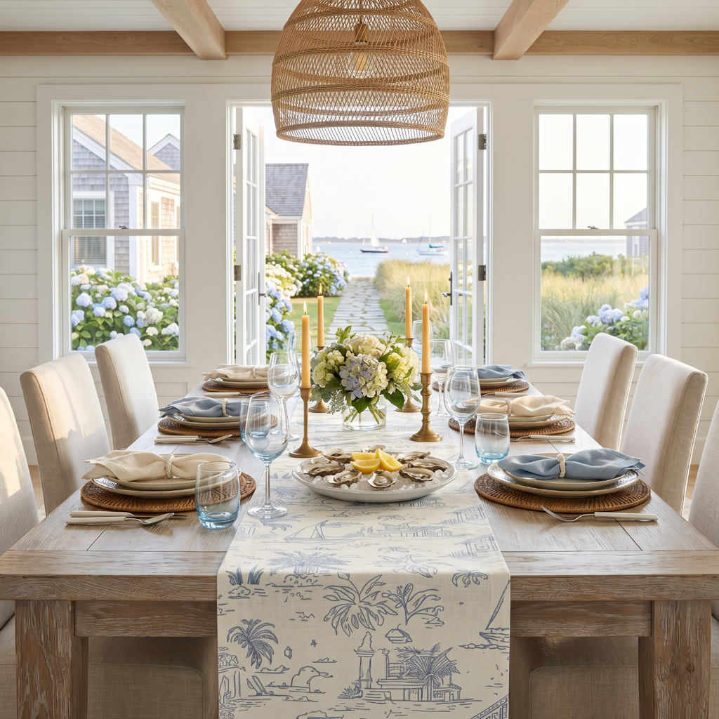 Coastal blue toile print table runner used for nautical beach house kitchen and dining table decor.