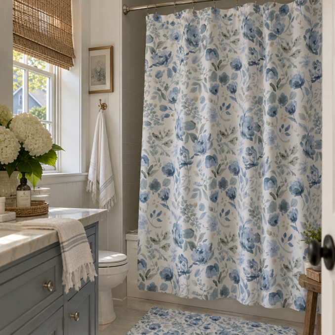 Blue and white floral shower curtain for a coastal bathroom
