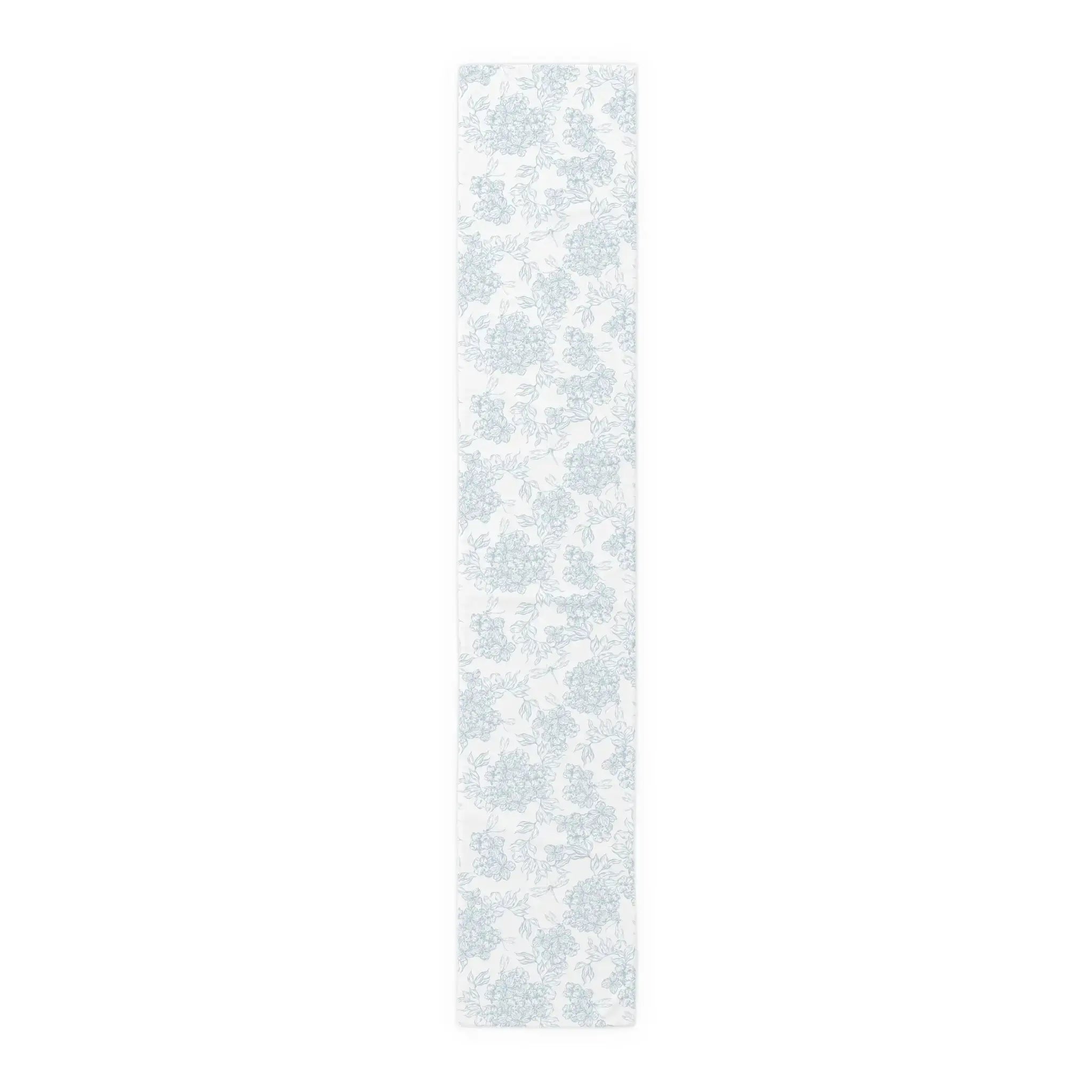 Chatham Hydrangea table runner with pale blue florals and hand-drawn botanical vines.