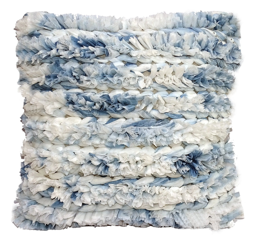 Closeup of blue and white furry striped 22 x 22 pillow cover showing soft textured stripes.
