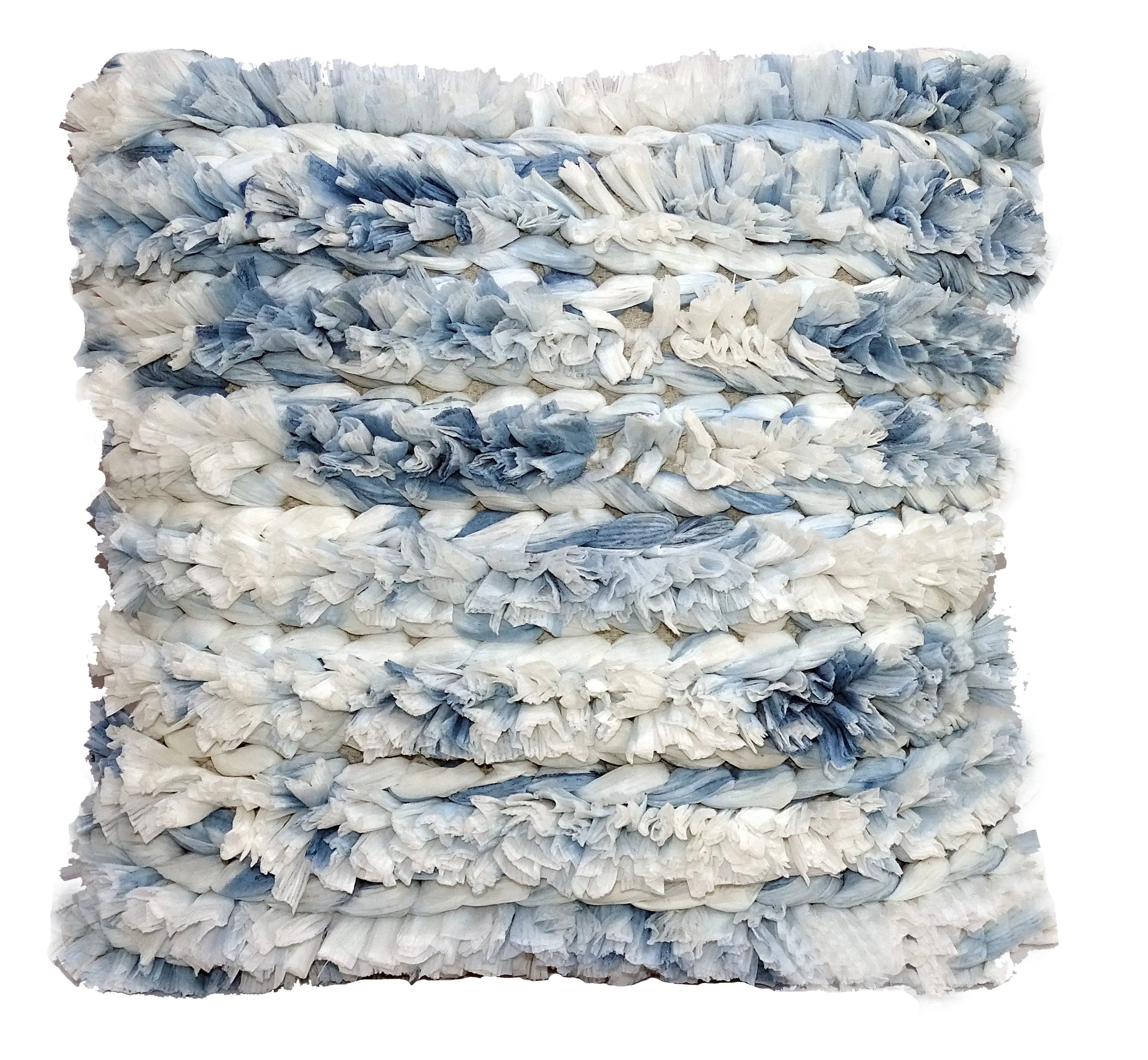 Closeup of blue and white furry striped 22 x 22 pillow cover showing soft textured stripes.