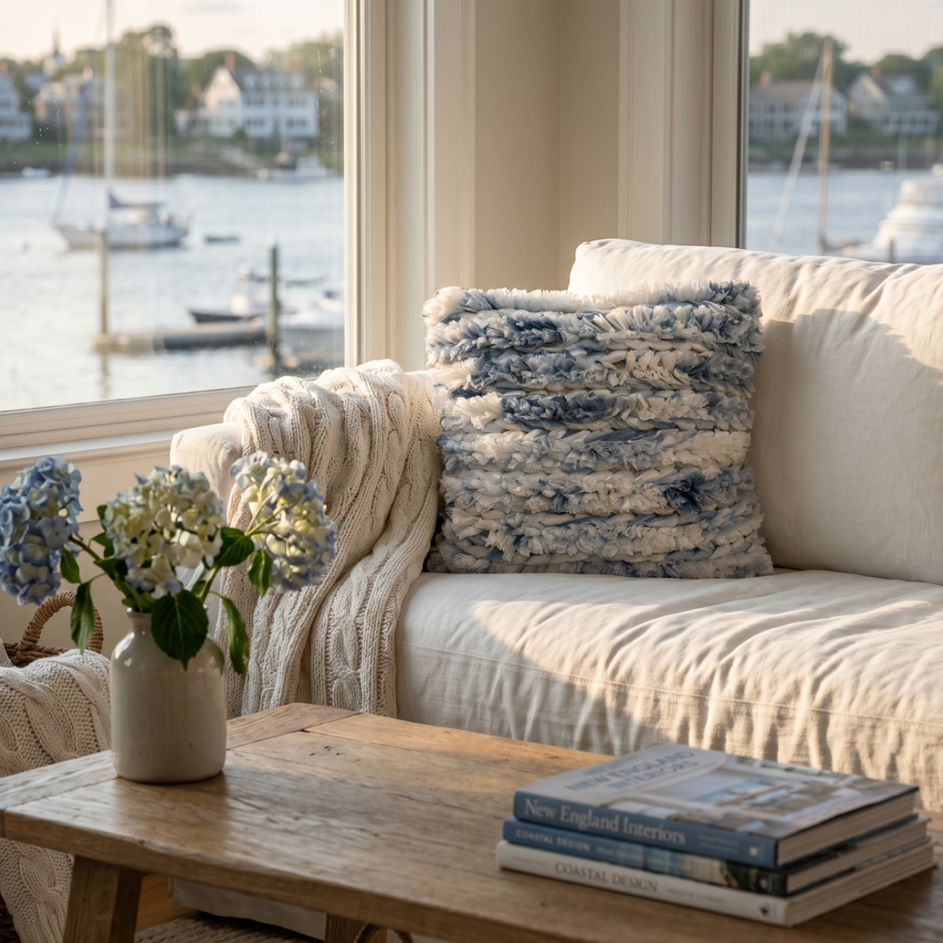 Blue and white furry striped 22 x 22 pillow cover adding soft texture to a coastal living room.