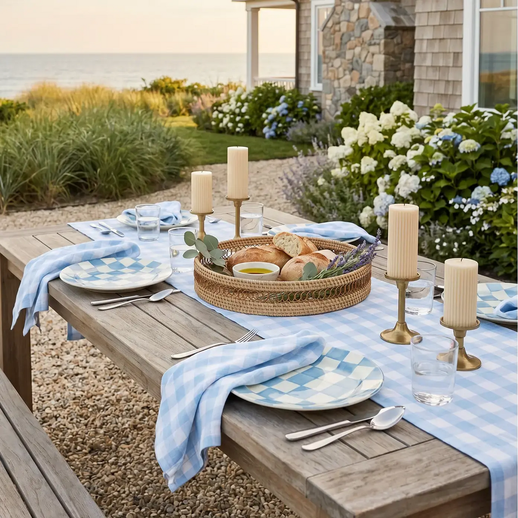 Blue and white gingham table runner in a casual coastal tablescape