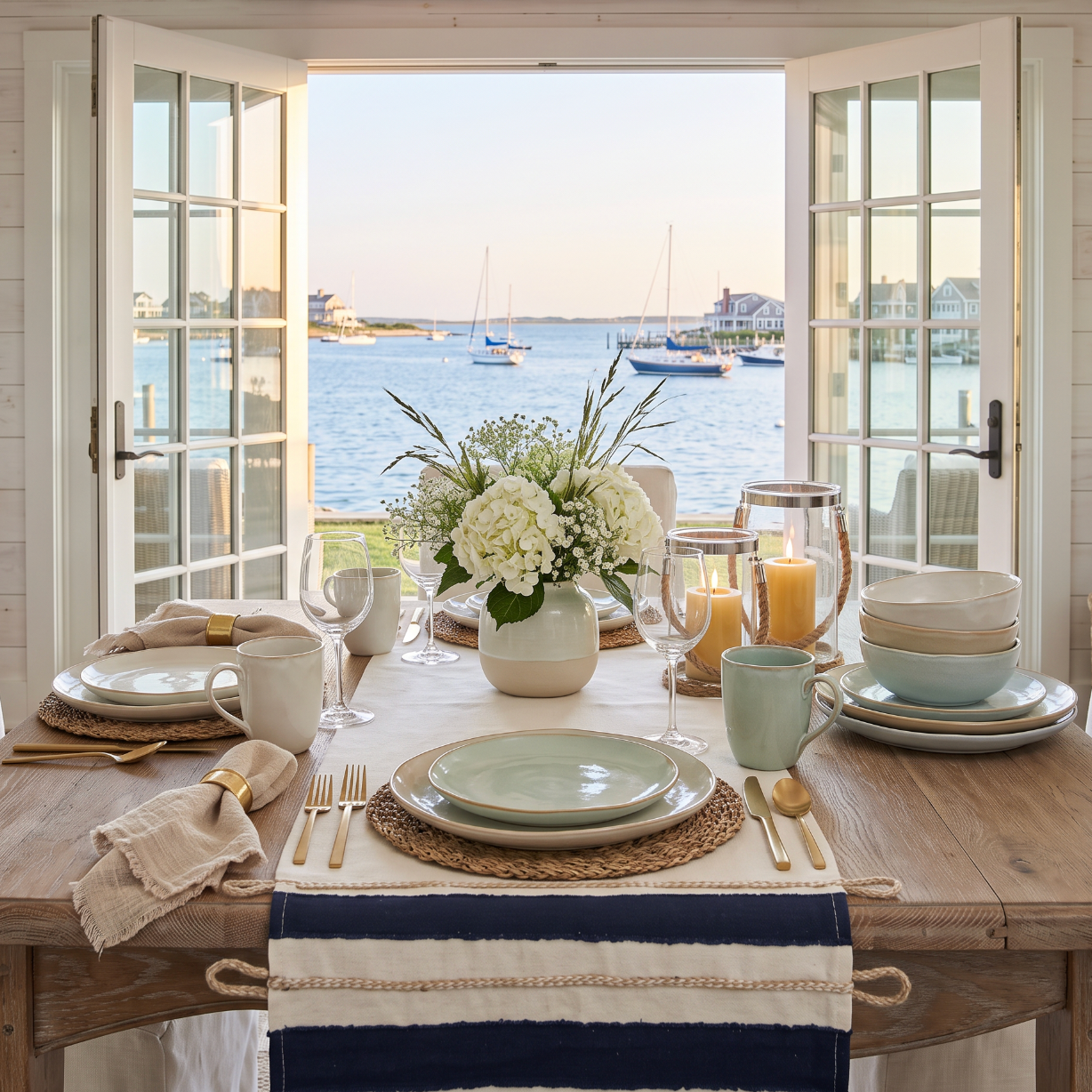 Blue and white nautical stripe runner adding a crisp coastal accent to a neutral dining room tablescape.