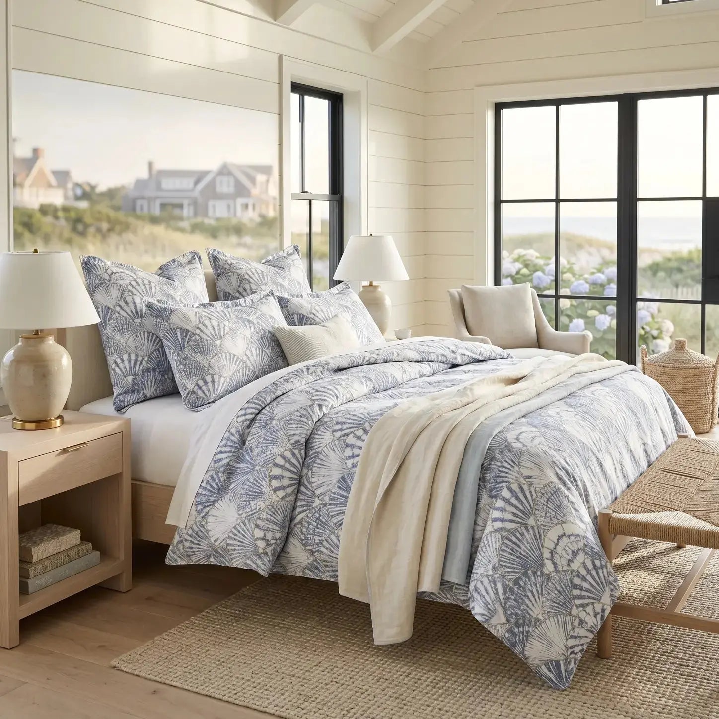 Blue and white seashell comforter on a light wood bed frame in an ocean-inspired bedroom.