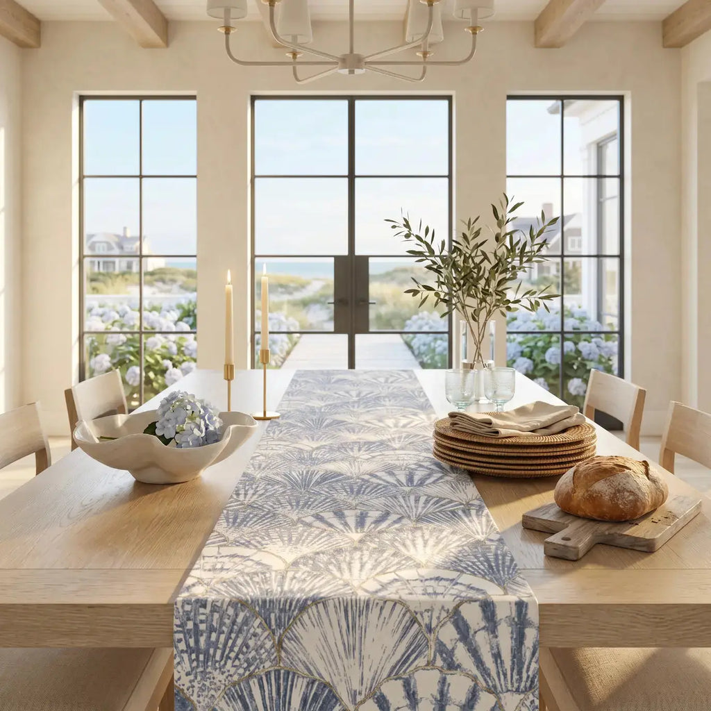 Blue and white seashell pattern table runner on a coastal dining table with white dishes.