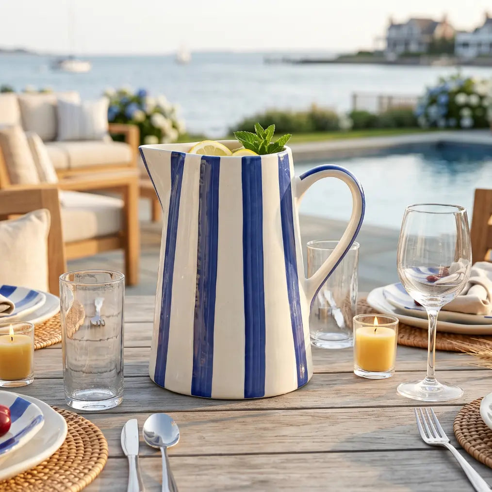 Blue and white stripe pitcher on a kitchen island styled with simple coastal decor