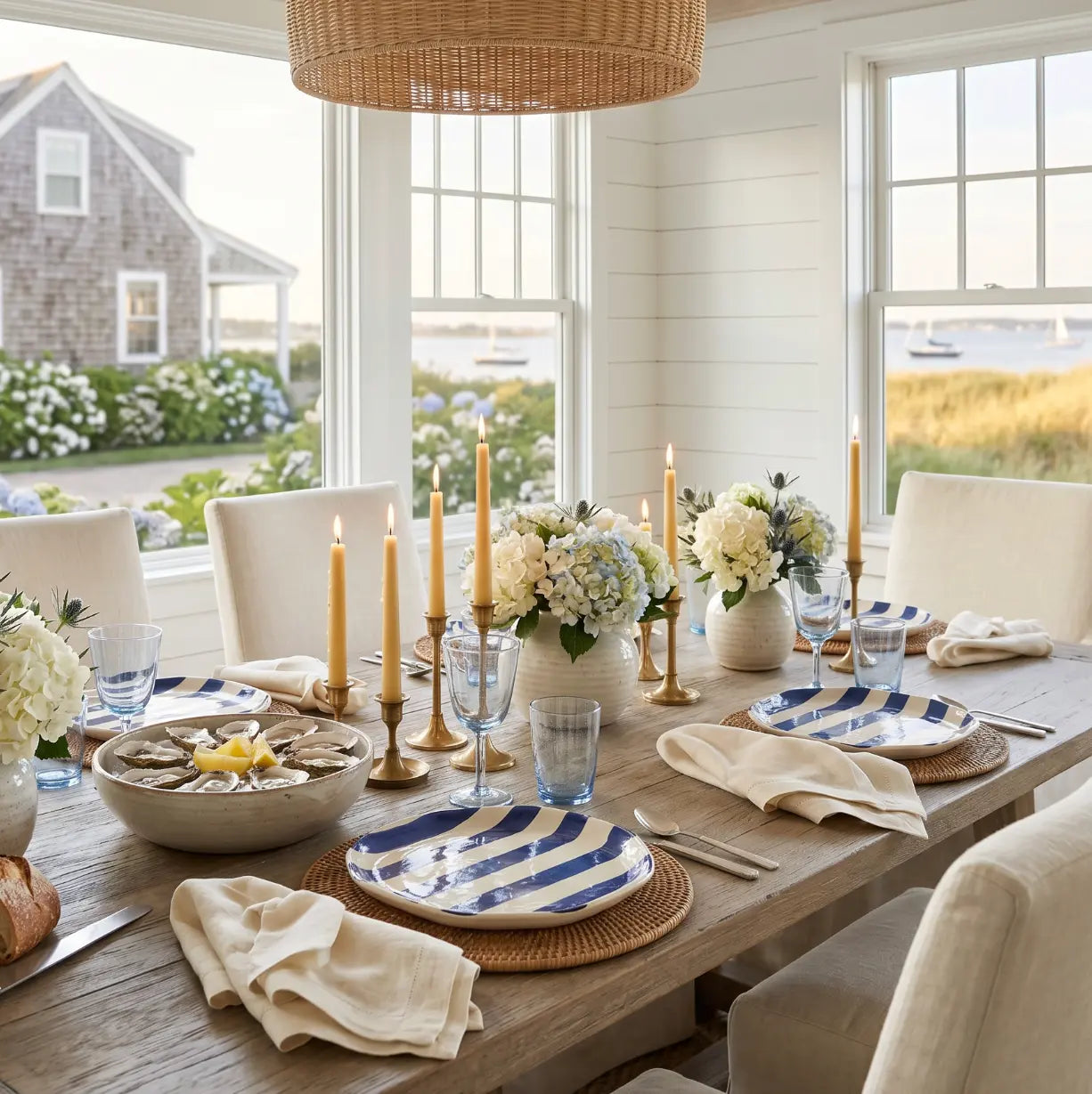 Blue and white striped hand-painted plates set of 4 styled for a beach house dining table