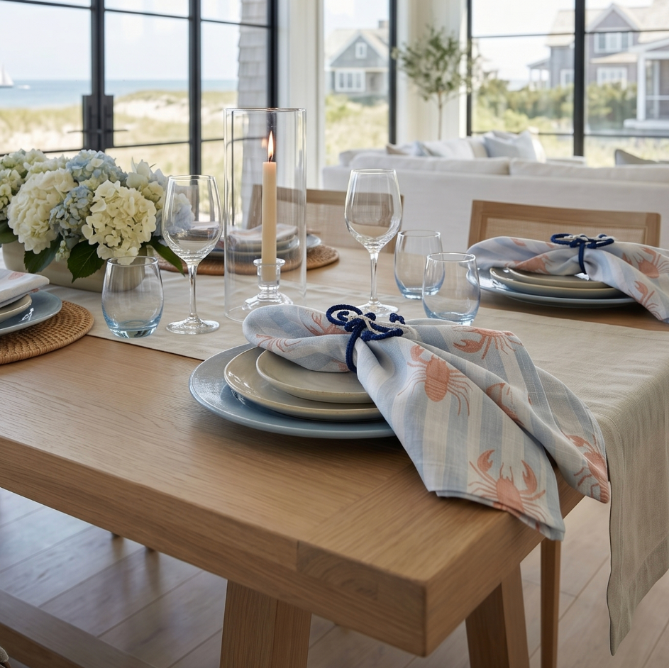 Blue and white striped linen napkin with lobster pattern gathered in an anchor napkin ring on a nautical coastal dining table