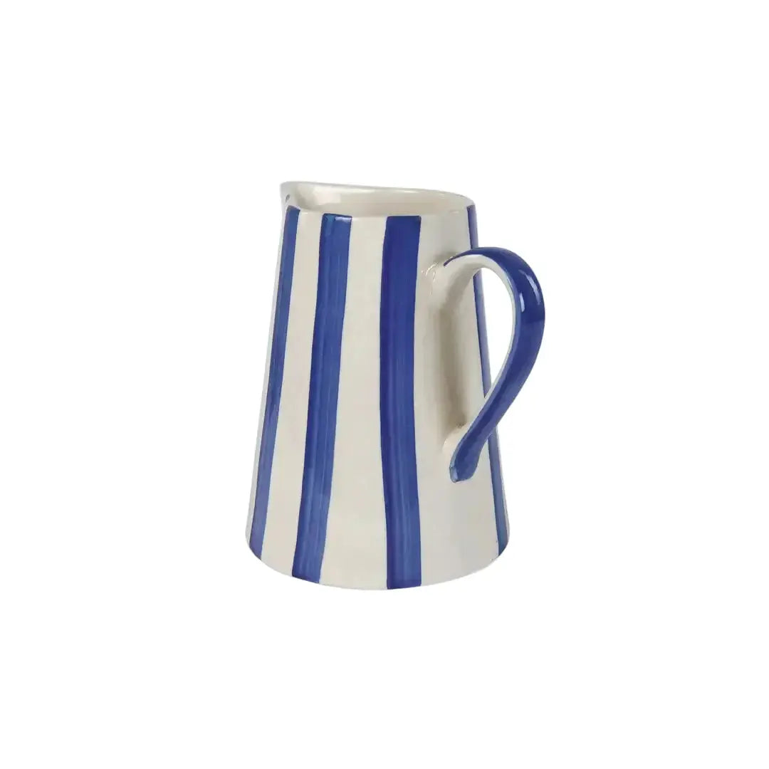 Blue and white stripe ceramic pitcher