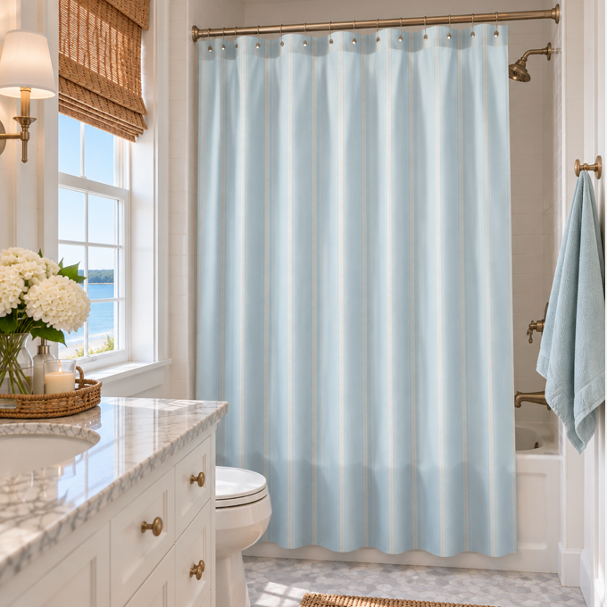 Blue and white striped shower curtain for coastal bathroom decor
