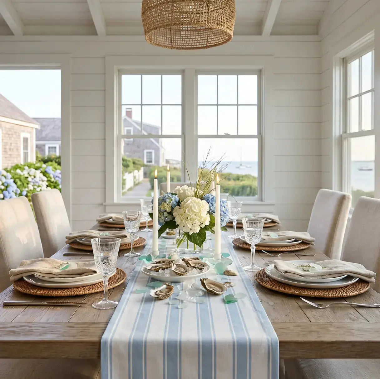 Blue and white striped table runner styled for a nautical beach house tablescape