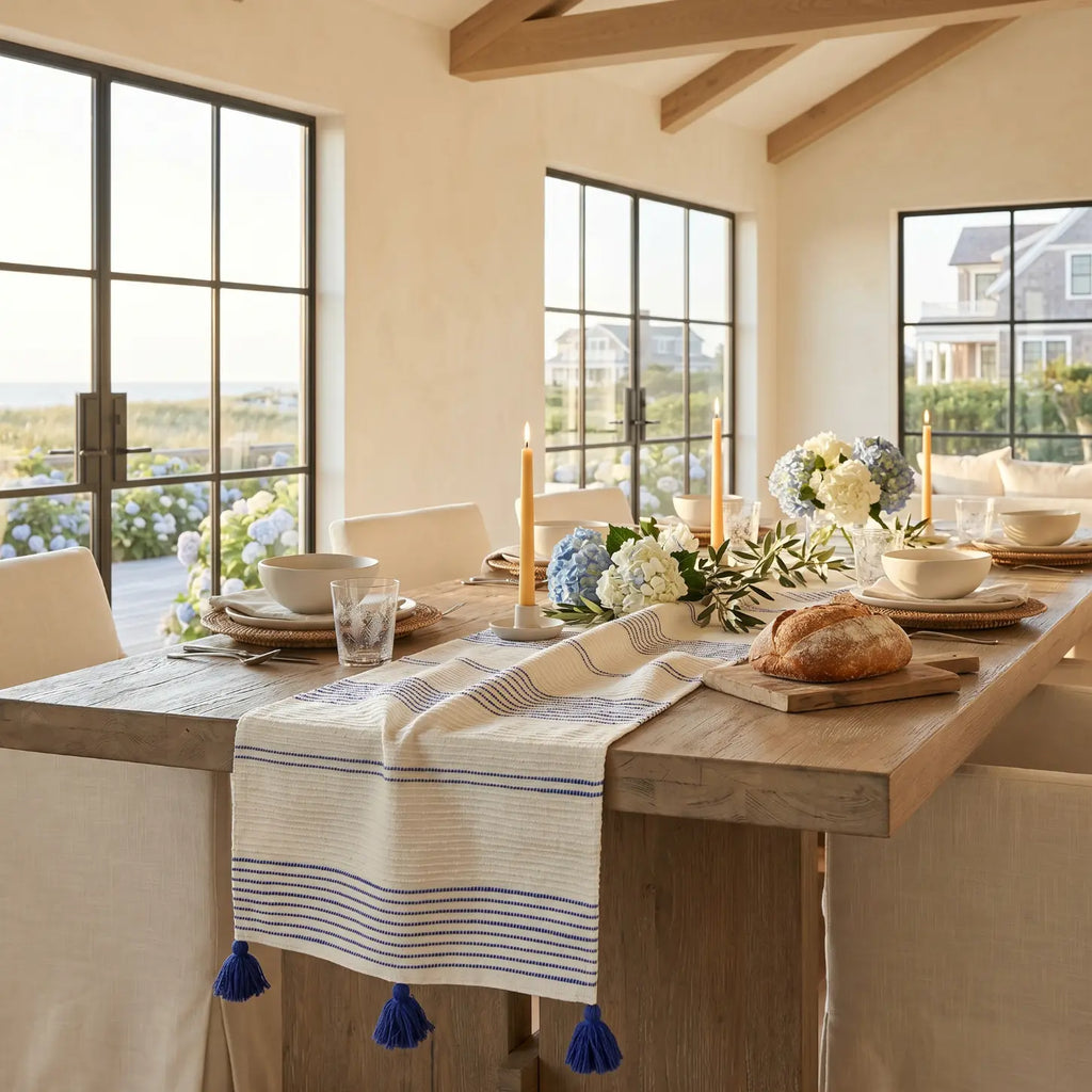 Blue and white stripe woven table runner layered over a wood table for relaxed coastal decor