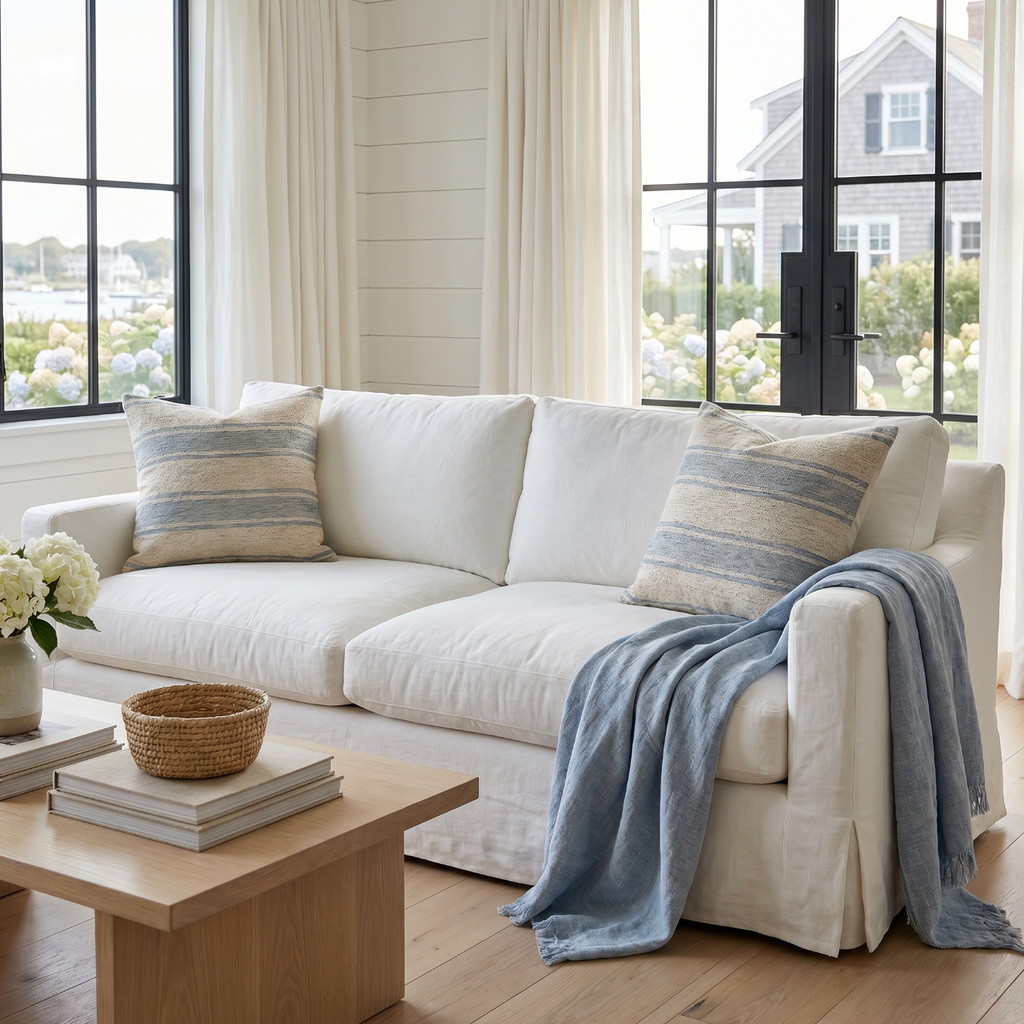 Blue and white woven striped throw pillow for coastal, nautical, or modern farmhouse decor