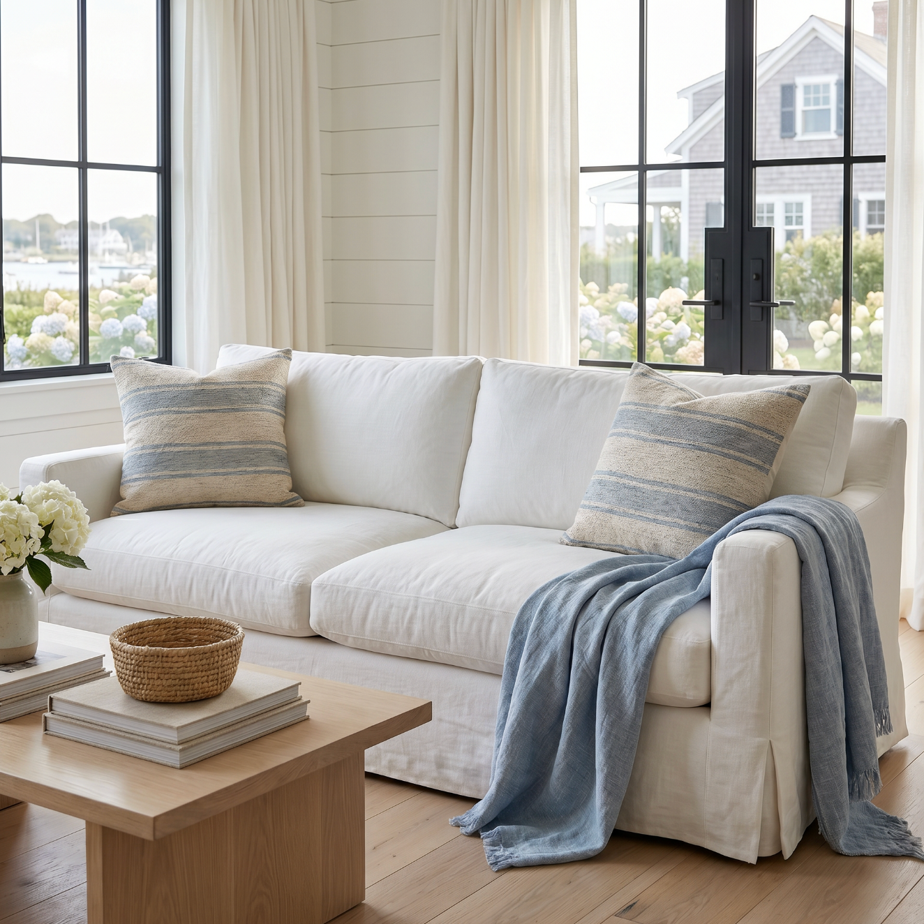 Blue and white woven striped throw pillow for coastal, nautical, or modern farmhouse decor