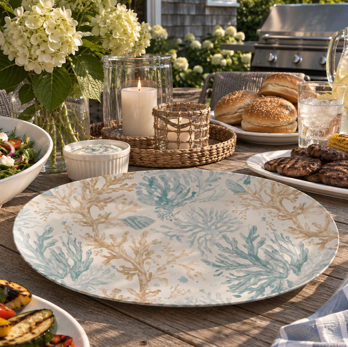 Blue and aqua coral dish for coastal entertaining and tableware