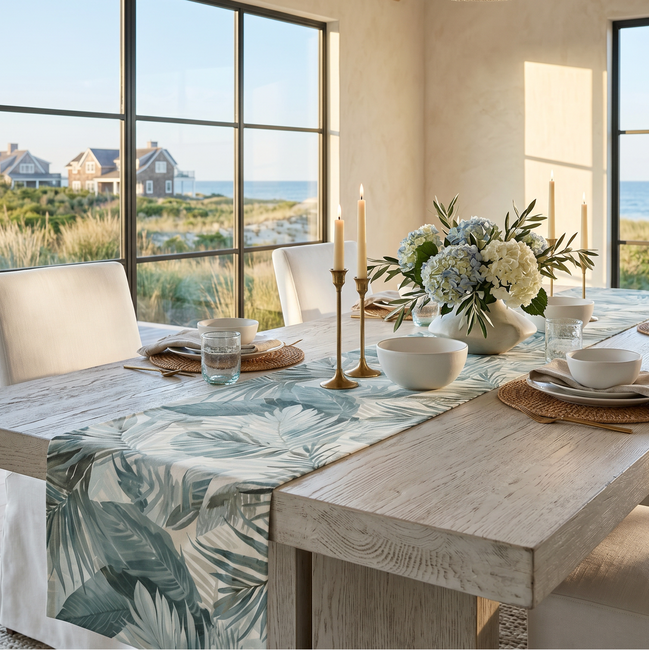 Blue and aqua palm table runner on a wood dining table in a coastal home.