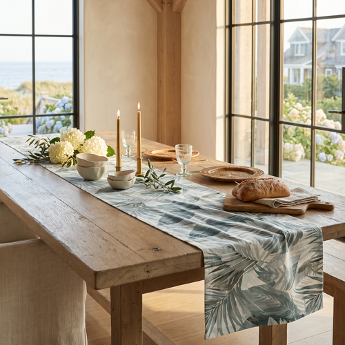 Blue and aqua palm table runner adding tropical color to a neutral coastal table