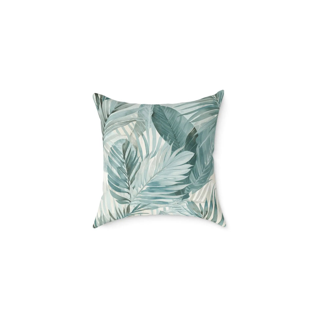 Blue and aqua palm throw pillow on a plain white background