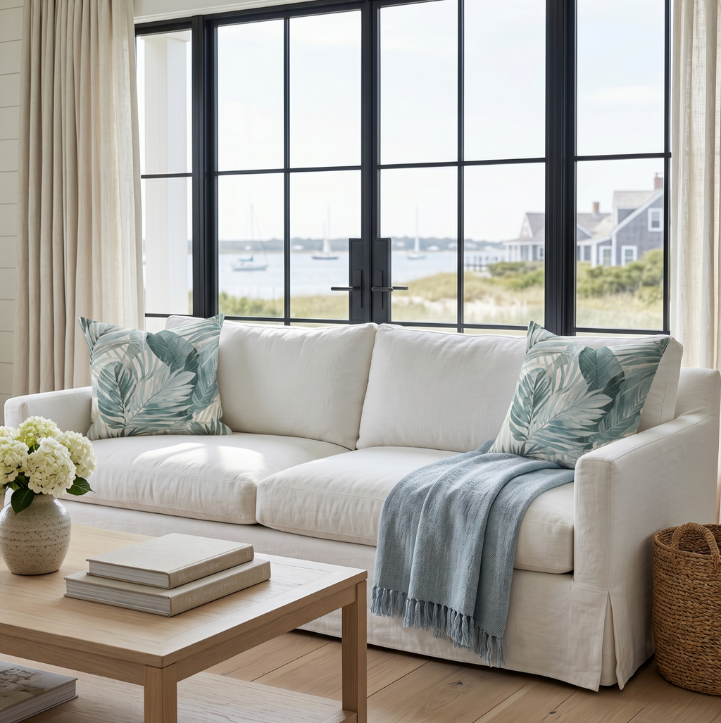 Blue aqua palm throw pillow on a couch in a coastal living room