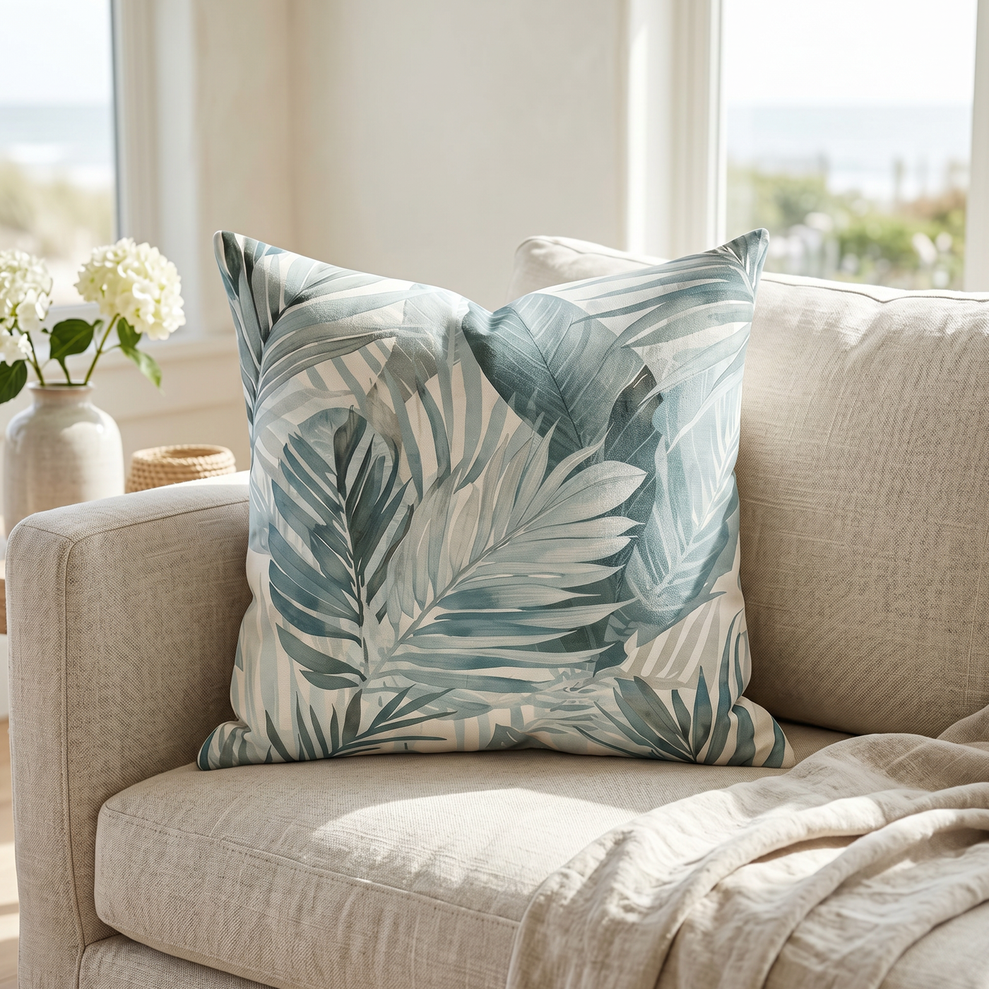Blue and aqua palm throw pillow styled on a neutral coastal sofa