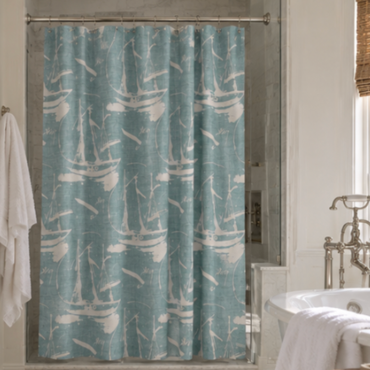 Blue and aqua sailboat shower curtain for coastal home decor